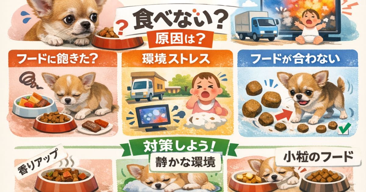 チワワがご飯を食べない原因を3つに分けて示した図解