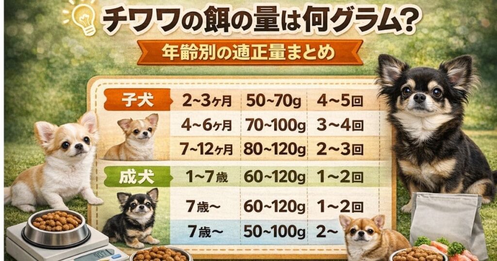 チワワの年齢別の餌の量を示す図解