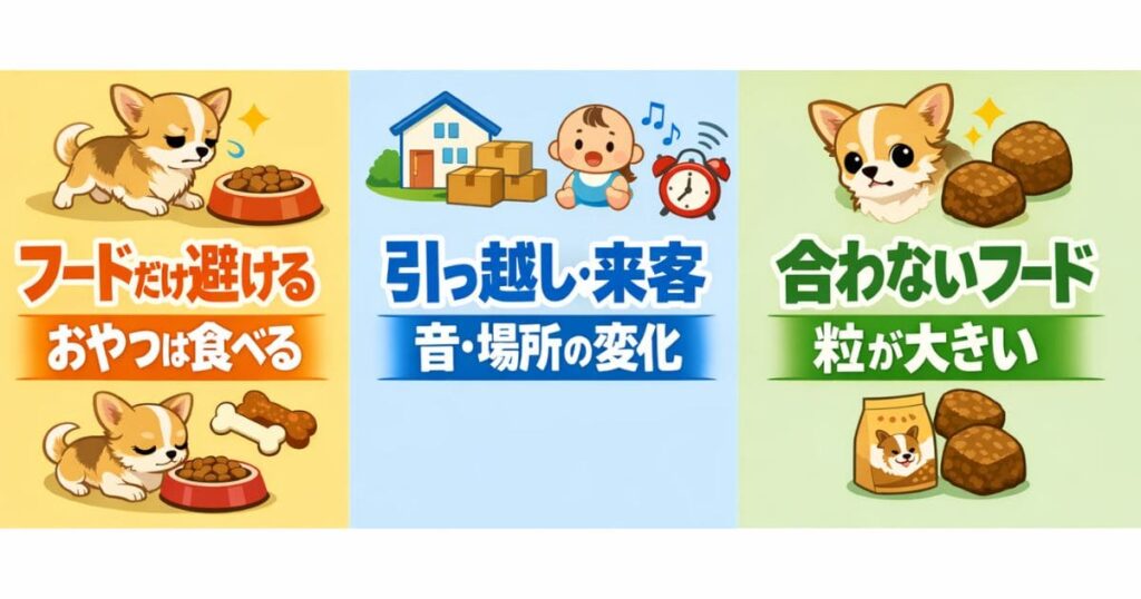 チワワがご飯を食べない原因と対策の図解イラスト。