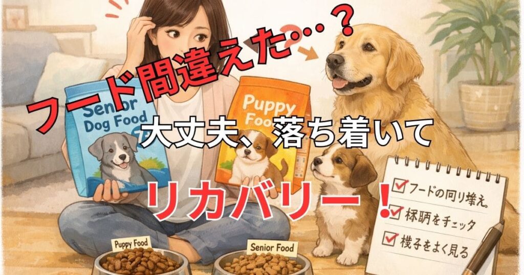 「頭を抱えた飼い主が2つのドッグフードを前に悩んでいる様子のイラスト