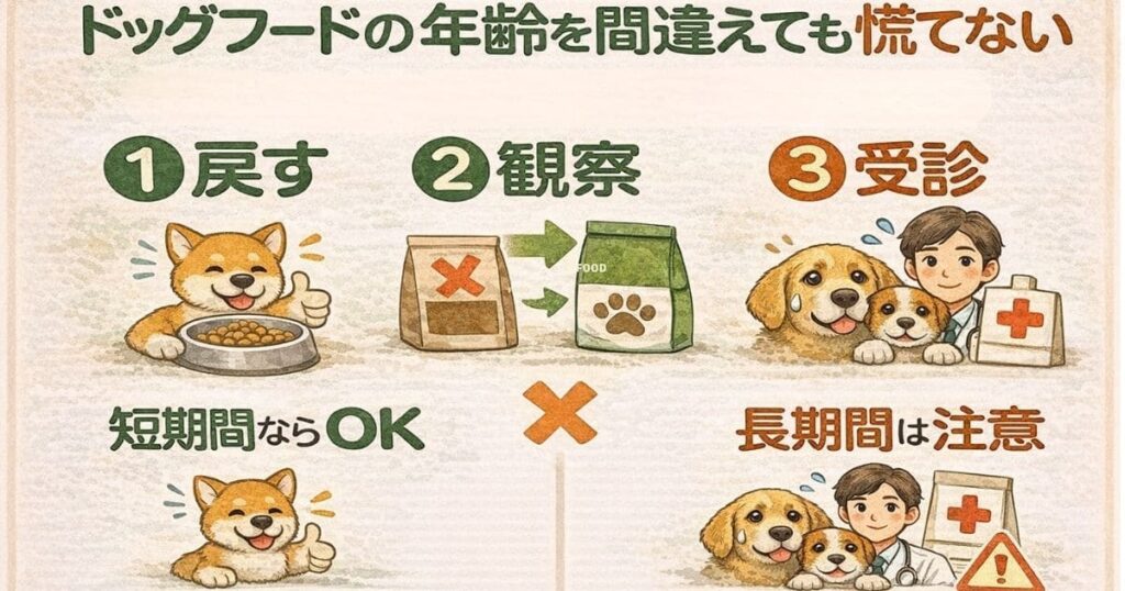 ドッグフードの年齢間違い時の対応3ステップを示す図解