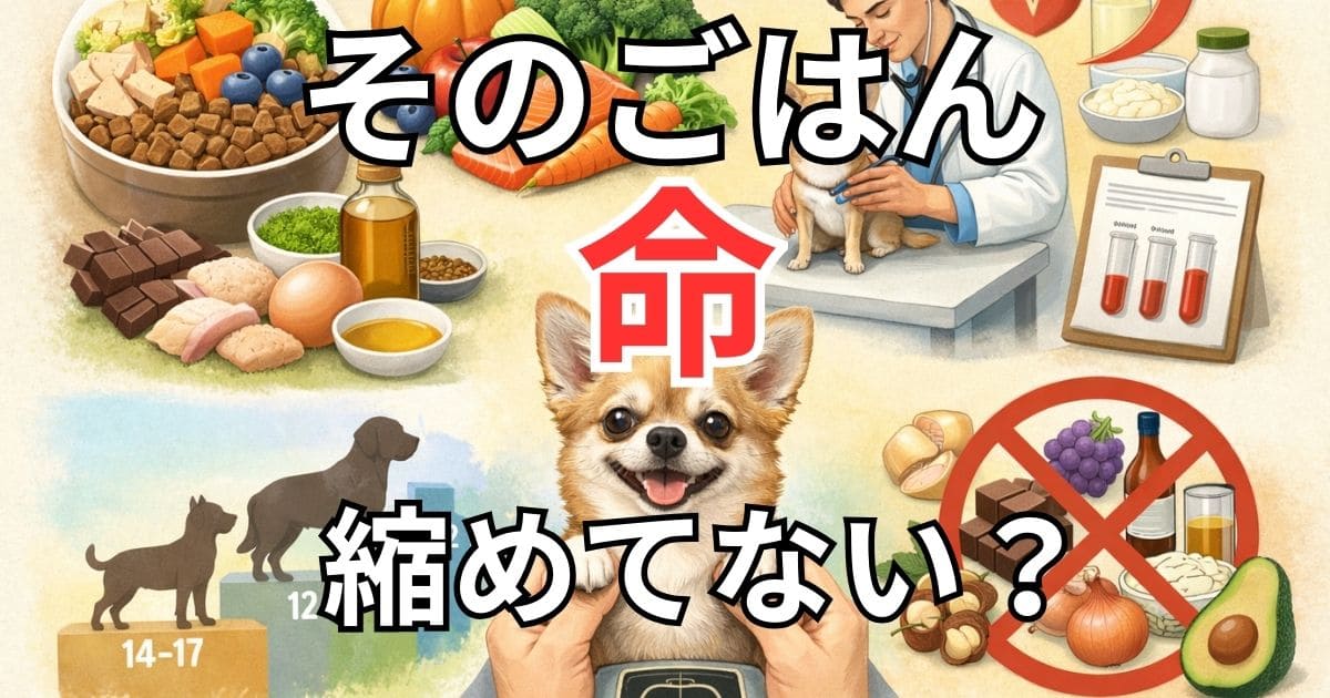 犬の長生きにつながる食事と健康管理をまとめた図解イラスト。