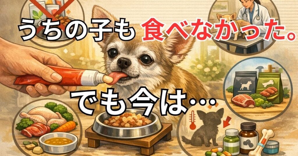 老犬がチュールしか食べない原因と対処法を表したチワワの文字なし図解イラスト