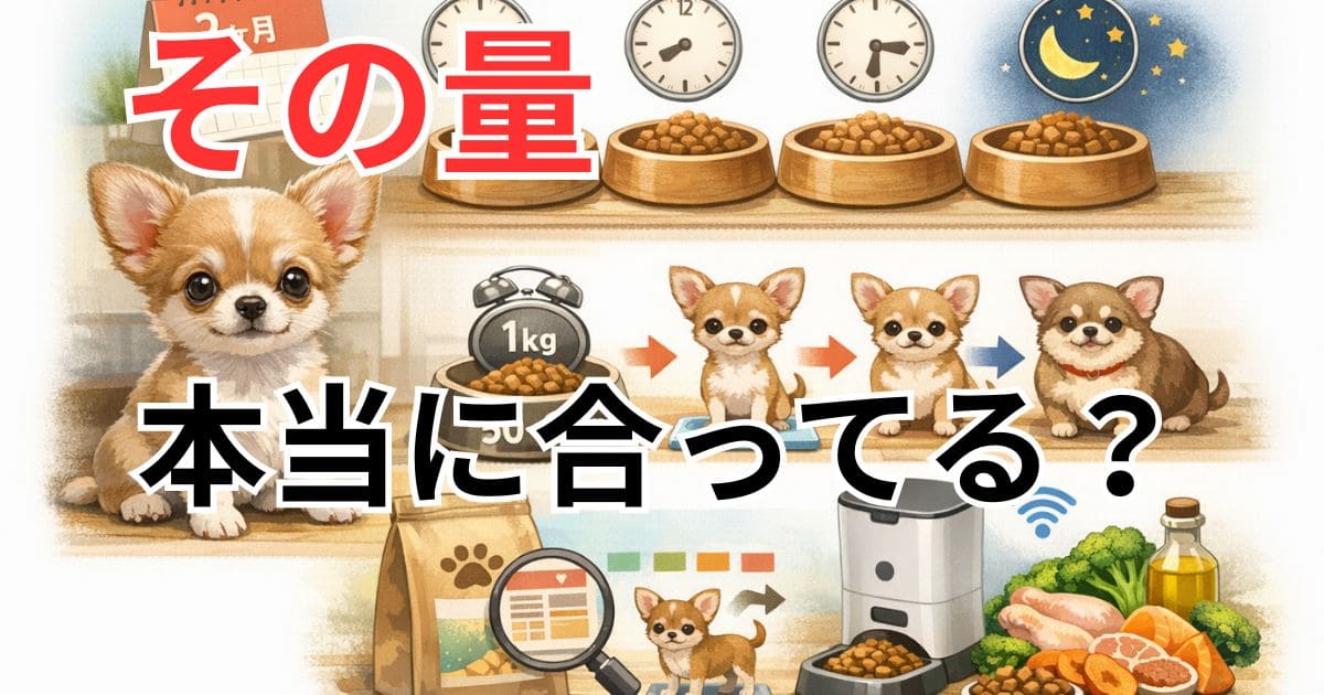 生後2ヶ月チワワのご飯量と食事回数の目安を示した図解イラスト。
