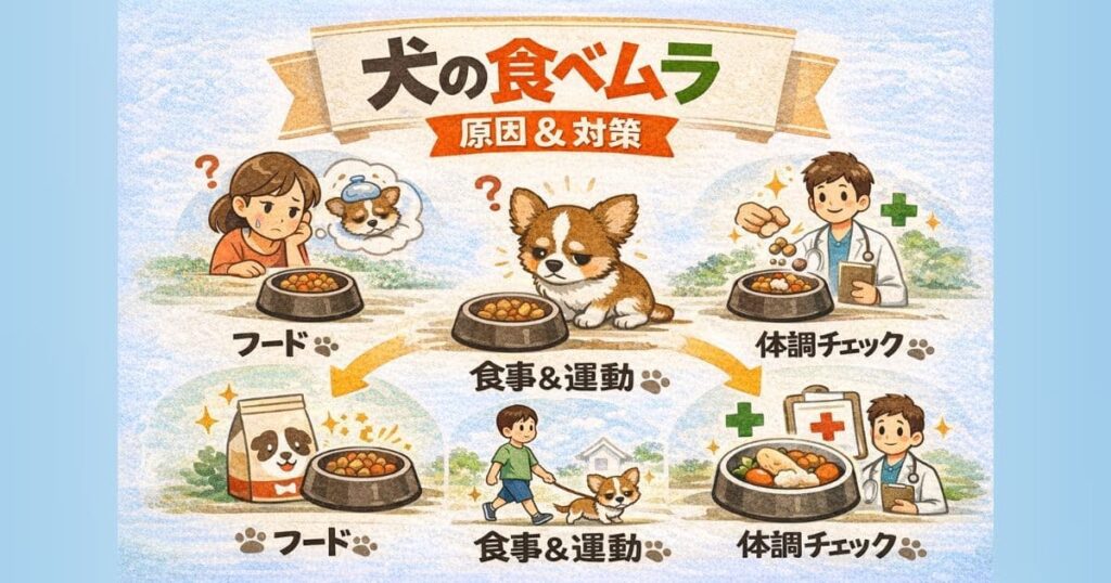 犬の食べムラの原因と対策を示したイラスト図解。