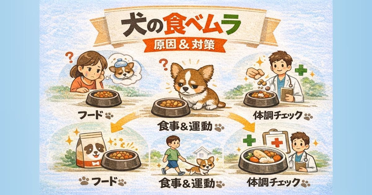 犬の食べムラの原因と対策を示したイラスト図解。