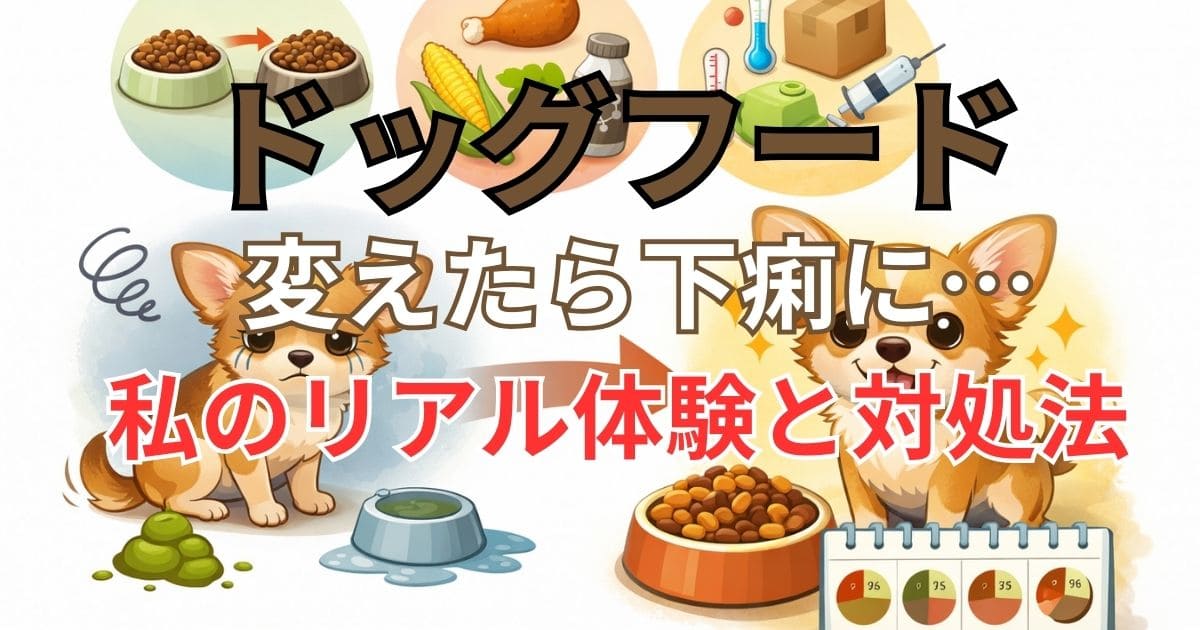 ドッグフード切り替えによる不調と回復を示すチワワの図解イラスト