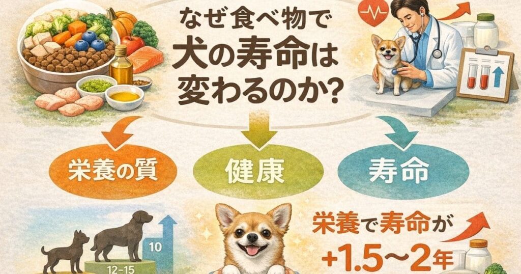 犬の食事内容が健康を支え、寿命が1.5〜2年延びる可能性を伝えるシンプルな図解。