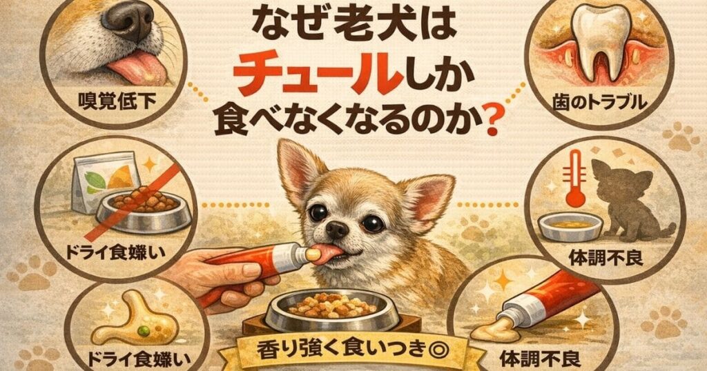 老犬がチュールしか食べない原因を表した図解イラスト