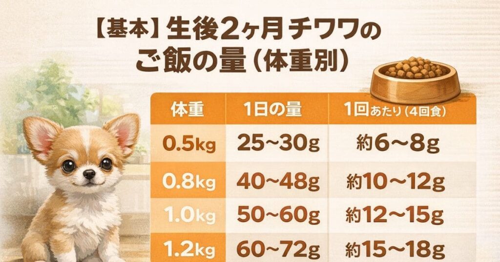 生後2ヶ月チワワの体重別給餌量の図解。