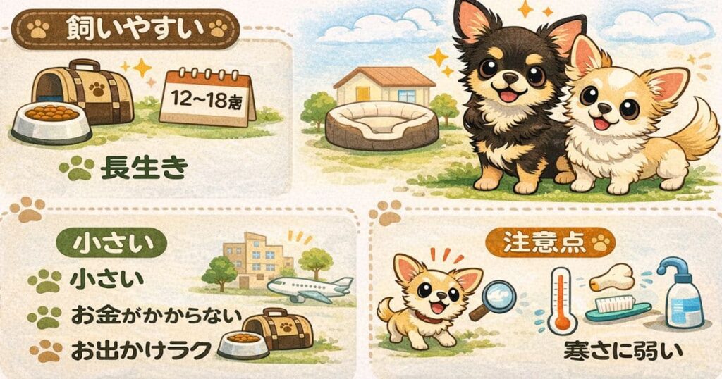 チワワの飼いやすさと注意点をイラストでまとめた図解
