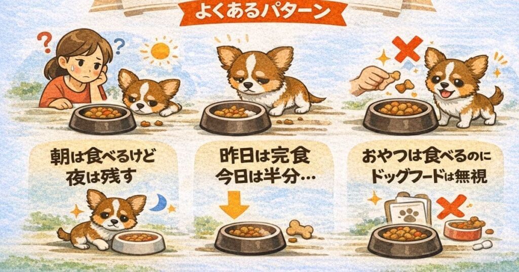 犬の食べムラの例を示した図解。