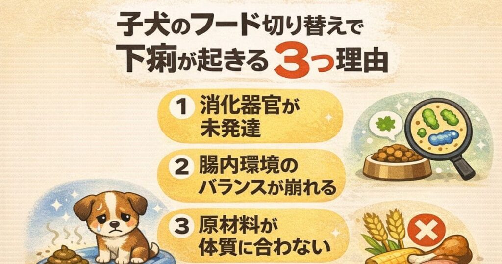 子犬のフード切り替えで下痢が起きる3つの理由をまとめた図解