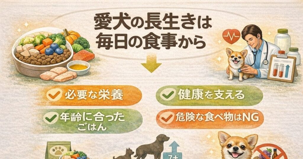 犬の長生きは毎日の食事からという考えを絵で伝える図解イラスト。
