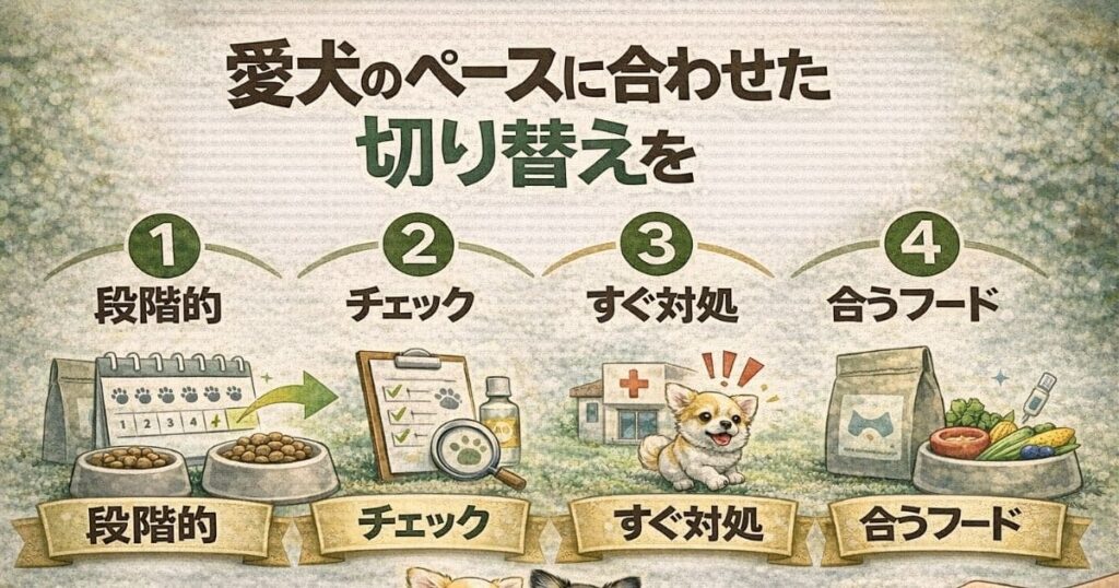 ドッグフードを無理なく切り替える流れを表した図解