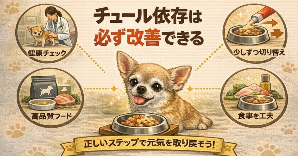 老犬のチュール依存を改善する方法を示した図解