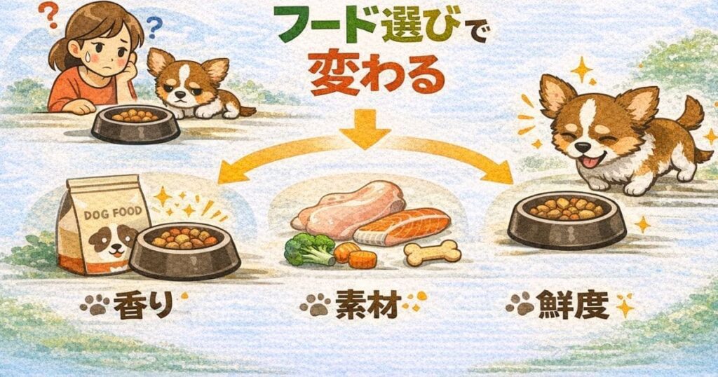 犬の食べムラ改善を表した図解。