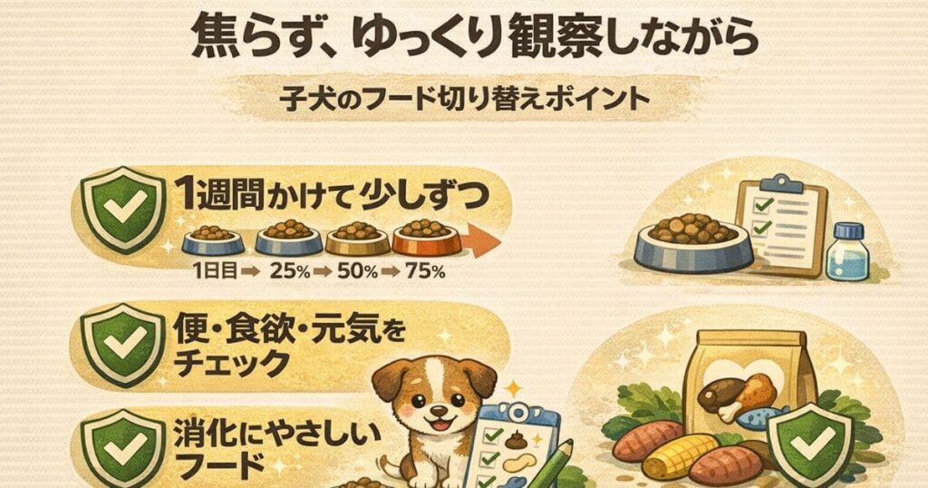 子犬のフード切り替えを成功させる3つのポイントをまとめた図解