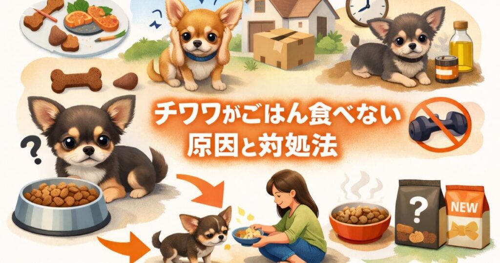 ごはんを前に悩むチワワと、原因別の対処法をわかりやすく示したアイキャッチ画像。