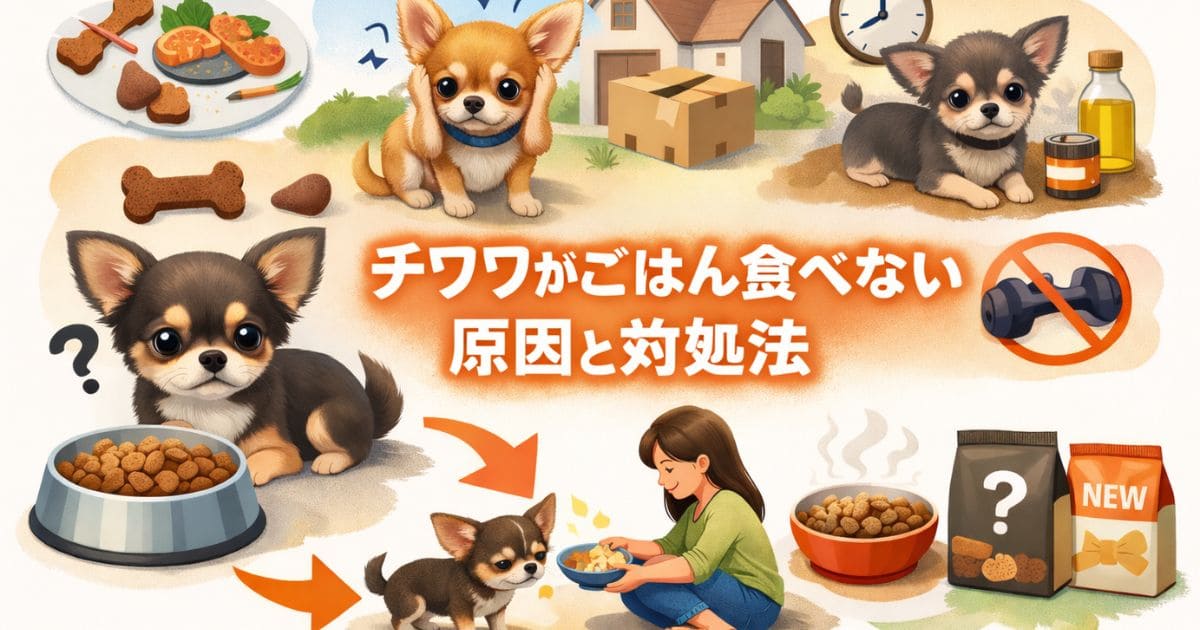 ごはんを前に悩むチワワと、原因別の対処法をわかりやすく示したアイキャッチ画像。