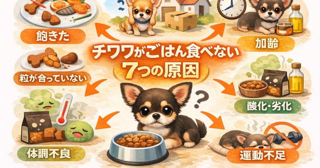 チワワがごはんを食べない7つの原因をまとめた図解イラスト