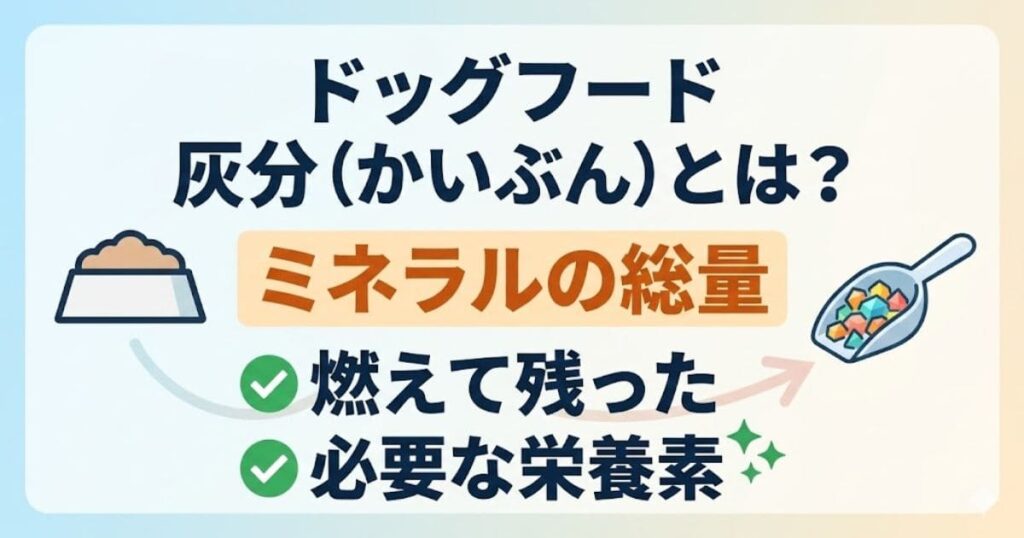 ドッグフードの灰分（かいぶん）＝燃えて残った必要な栄養素（ミネラルの総量）の解説図解