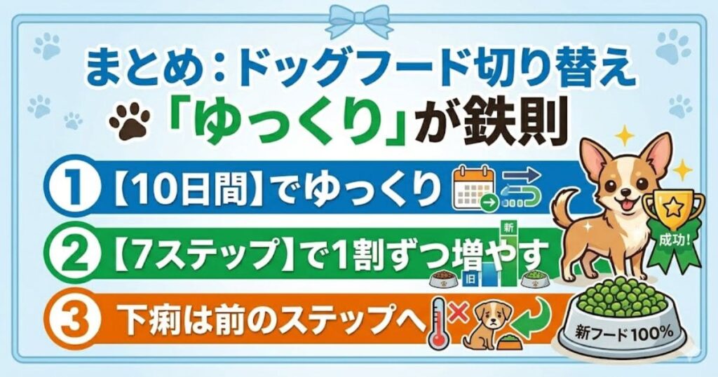 ドッグフード切り替えのまとめ図解。10日間かけ、7ステップでゆっくり移行し、下痢なら戻すという鉄則を3つのポイントで解説しています。