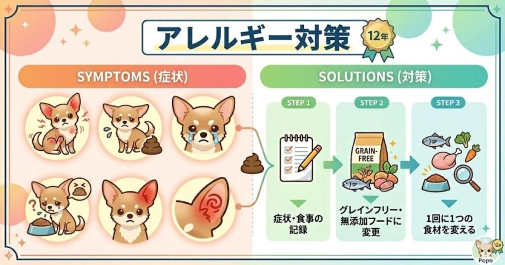 チワワのフードアレルギー症状と改善対策のまとめ図解