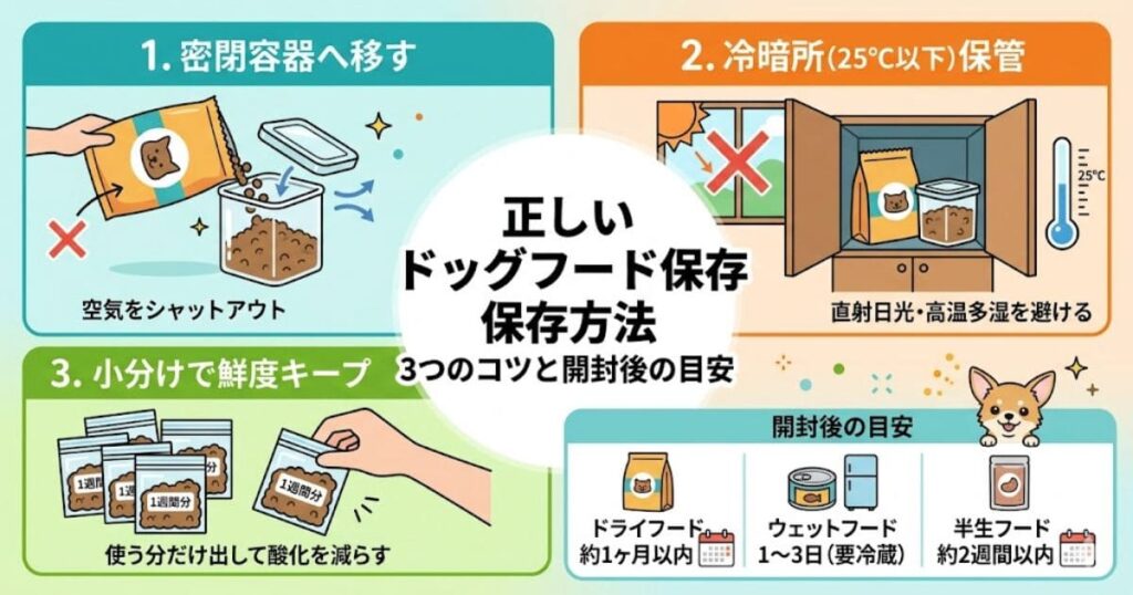 ドッグフードの正しい保存方法と期間の図解