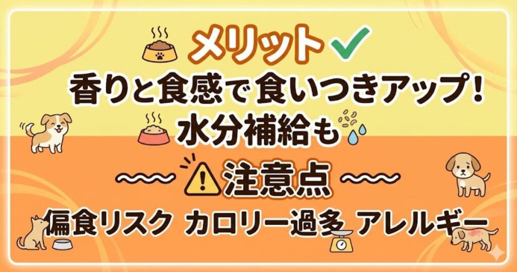 ドッグフードトッピングのメリット(食いつき・水分補給)と注意点(偏食・カロリー・アレルギー)の図解。