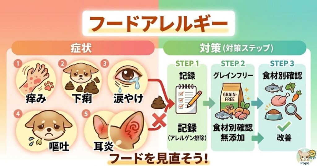 ドッグフードアレルギー対策のまとめ図解。症状（痒み・下痢・涙やけなど）に対し、対策ステップとして「記録」「グレインフリーへの変更」「食材別確認」を推奨している。