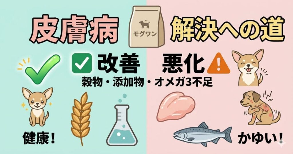 モグワンによる皮膚病の改善・悪化ケースの比較図解
