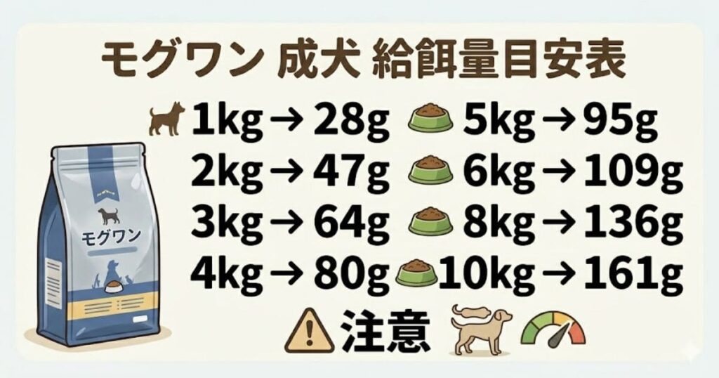 モグワン成犬用給餌量目安表