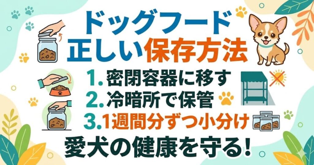 ドッグフード正しい保存方法(密閉、冷暗所、小分け)