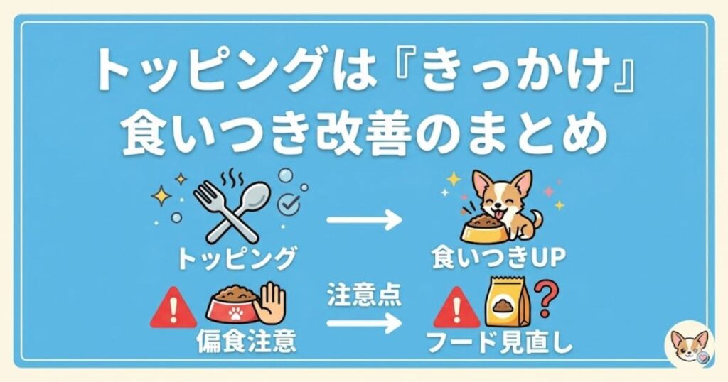 ドッグフードトッピングによる食いつき改善のまとめ。トッピングが食いつきUPの「きっかけ」になる一方、偏食への注意やフード見直しの必要性も図解している。