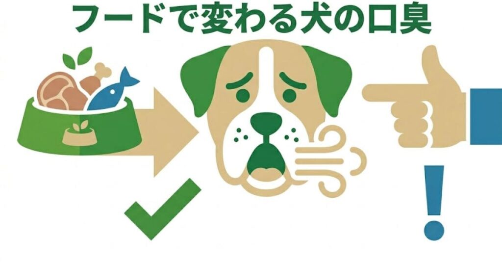 「犬の口臭をフードで改善」をテーマにした、Before/After（左側が口臭、右側がさわやかな息）の比較図解。