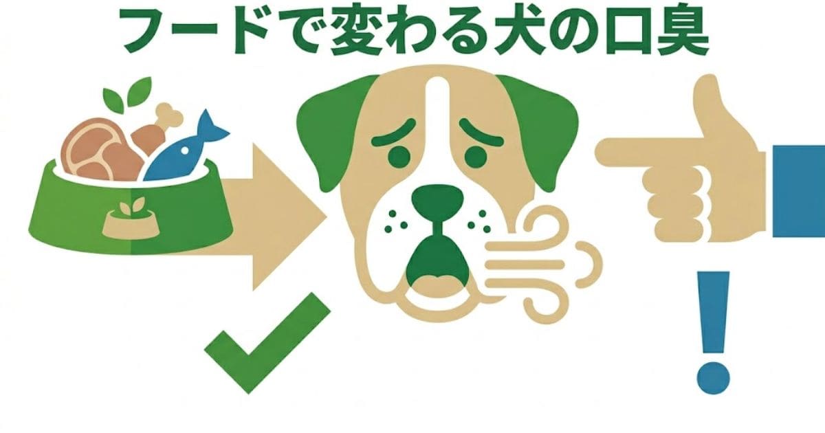 「犬の口臭をフードで改善」をテーマにした、Before/After（左側が口臭、右側がさわやかな息）の比較図解。