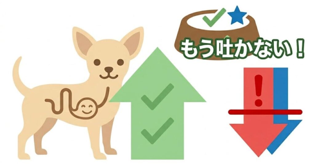 小型犬の嘔吐改善を表現した、フラットデザインのイラストです。左側に消化管のイラストが描かれたチワワ、右上に「もう吐かない！」というテキストとチェックマーク付きのフードボウル、中央に緑色の上向き矢印、右下に赤い下向き矢印があります。