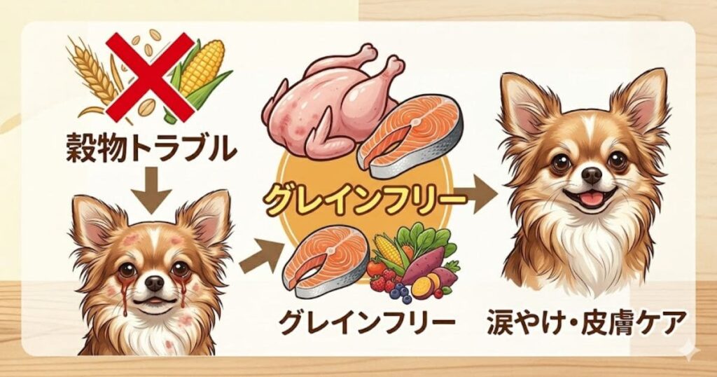 チワワの涙やけ・皮膚トラブルとグレインフリーの効果図解