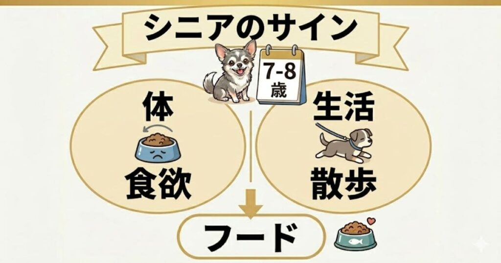 シニア犬の体と生活の変化、フードへの繋がりの図解