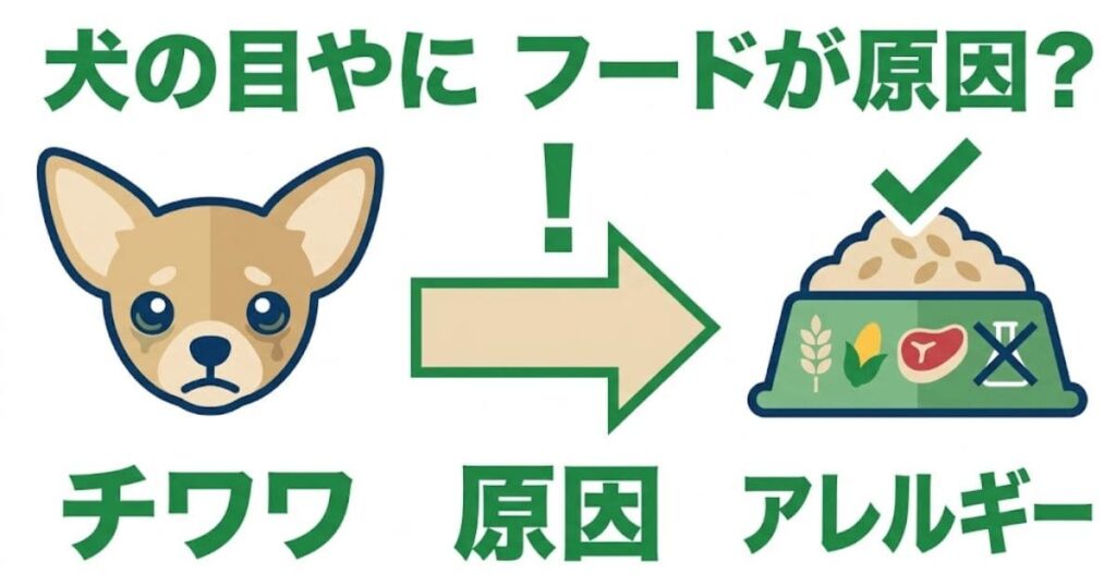 目やにに悩むチワワのイラストから、原因を示す矢印がドッグフード(アレルギー要因)へ伸びている、0.5秒で意味が伝わる図解インフォグラフィック。