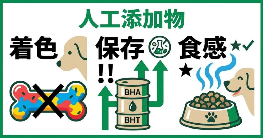 犬の人工添加物について「着色」「保存」「食感」の3つのデメリットを巨大なアイコンと2文字の単語で紹介したインフォグラフィック。緑と白を基調としたフラットデザイン。