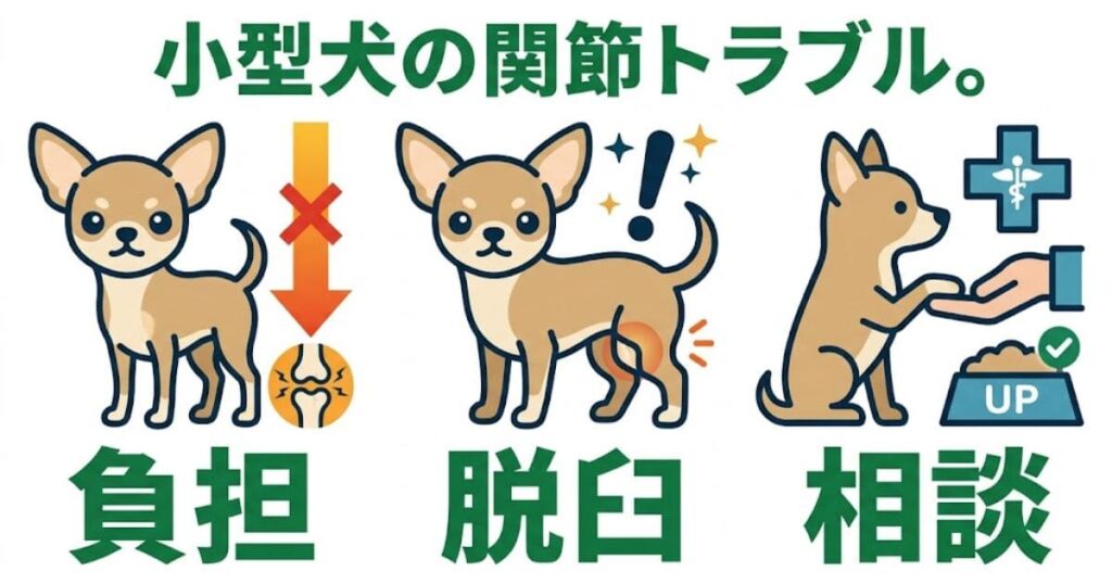 小型犬の関節トラブルを解説する3ステップの図解。左から順に、負担、脱臼、相談の3つのアイコンが並んでいる。