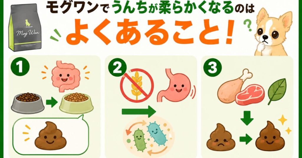 モグワンで軟便になる理由を図解したチワワ向けイラスト