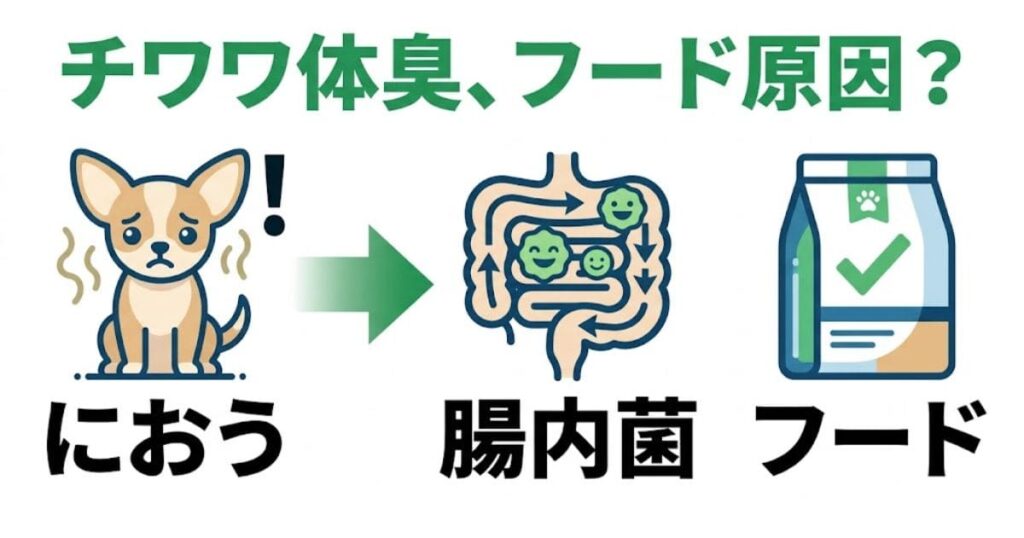 チワワの体臭の原因とフードの関係を示す図解。におうチワワから腸内菌（腸内環境）へ、そしてドッグフードを見直すという3ステップを巨大なアイコンと文字で直感的に表現しています。