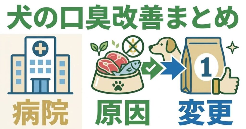 犬の口臭改善のポイント（病院での相談、原因であるフードの見直し、適切なフードへの変更）をまとめた図解。