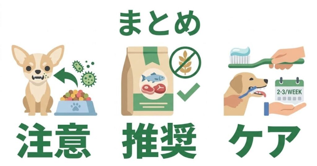 魚と肉のイラストが描かれたドッグフードのパッケージが示されています。また、穀物不使用のフードを推奨するマークも付いています。