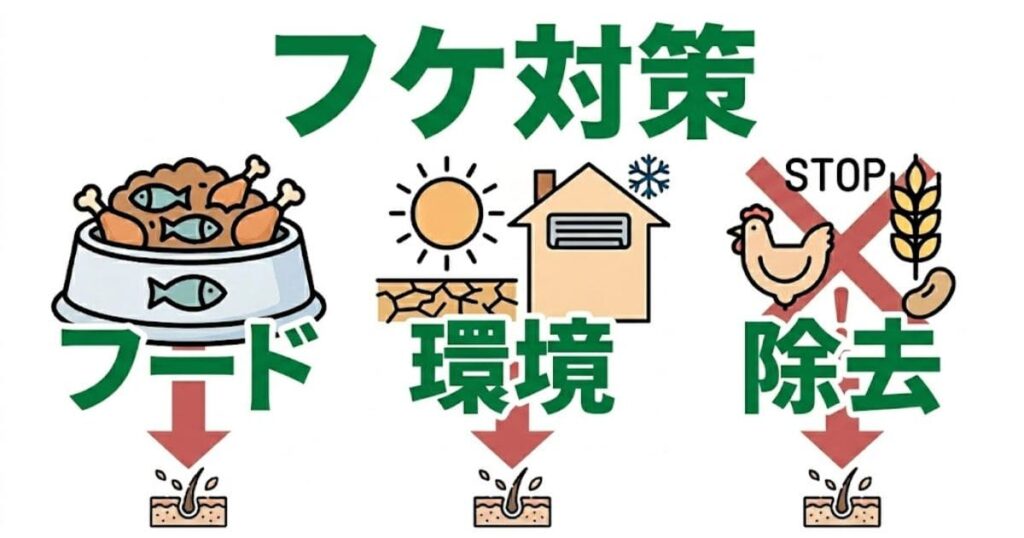 犬のフケ対策3つのアプローチを描いたイラスト。