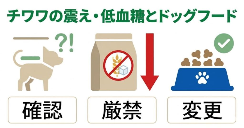 「チワワの震え・低血糖とドッグフードの対策図解」