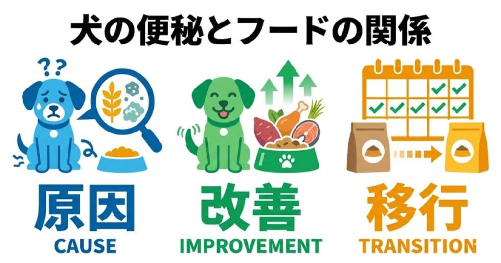犬の便秘とフードの関係図解